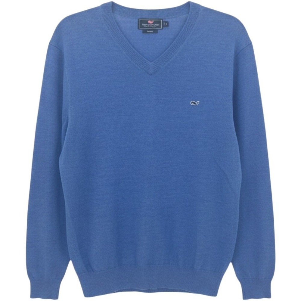 Vineyard Vines Mens Blue Merino V-Neck Performance Sweater Logo Large Excellent